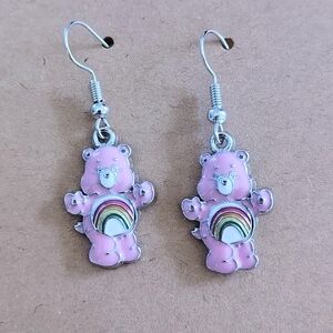 Handmade Care Bears Cheer Bear Enamel Dangle Earrings Pink Rainbow Retro